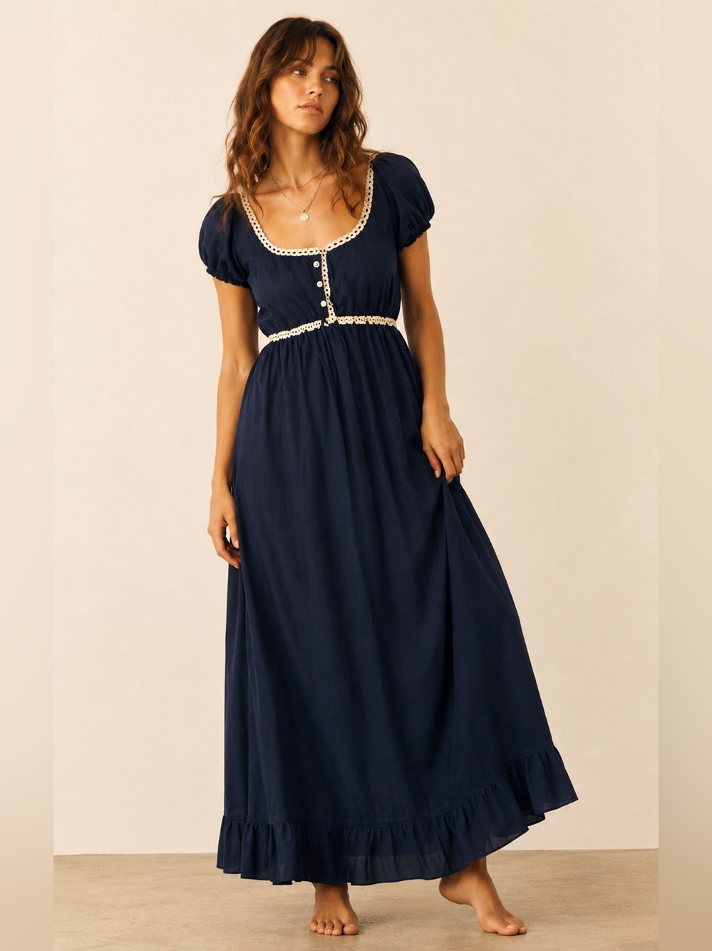 Vintage 70s Formfit Rogers‎ Navy Blue Nylon Nightgown Lace Empire Waist Large